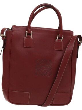 LOEWE Anagram Hand Bag Leather 2way Red Silver Auth